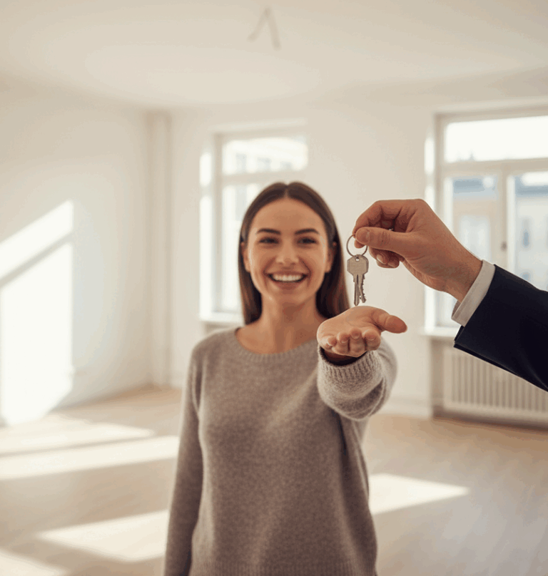 Inquilino satisfeito fazendo a entrega das chaves após uma devolução do imóvel bem-sucedida.