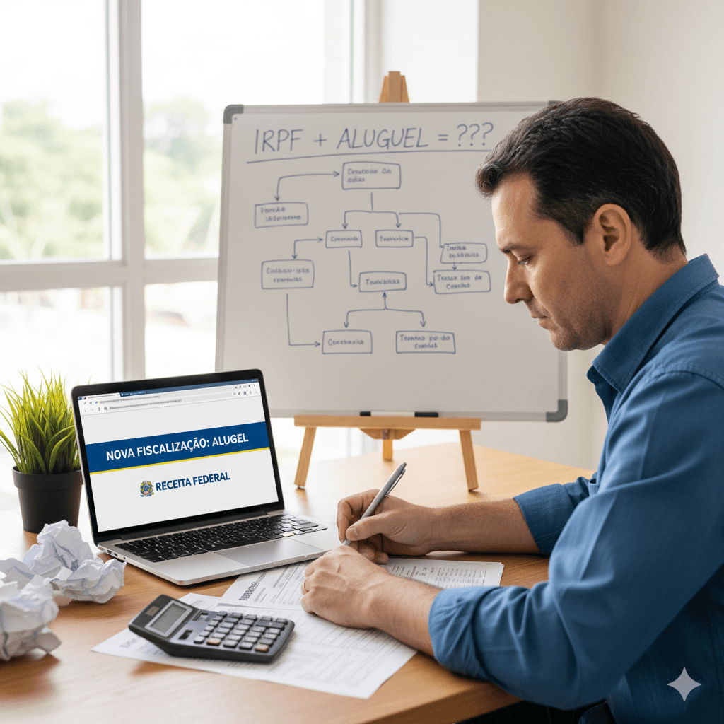 Pessoa fazendo cálculos do imposto de renda, tema da nova fiscalização de aluguel da Receita Federal.