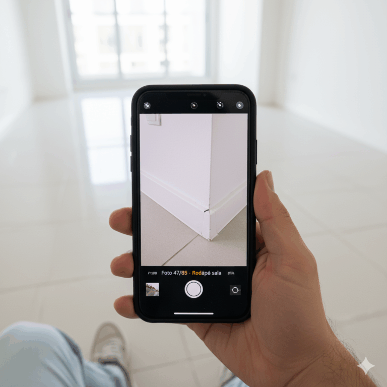 Pessoa realizando a vistoria de imóvel e documentando um detalhe com o celular para o laudo de entrada.