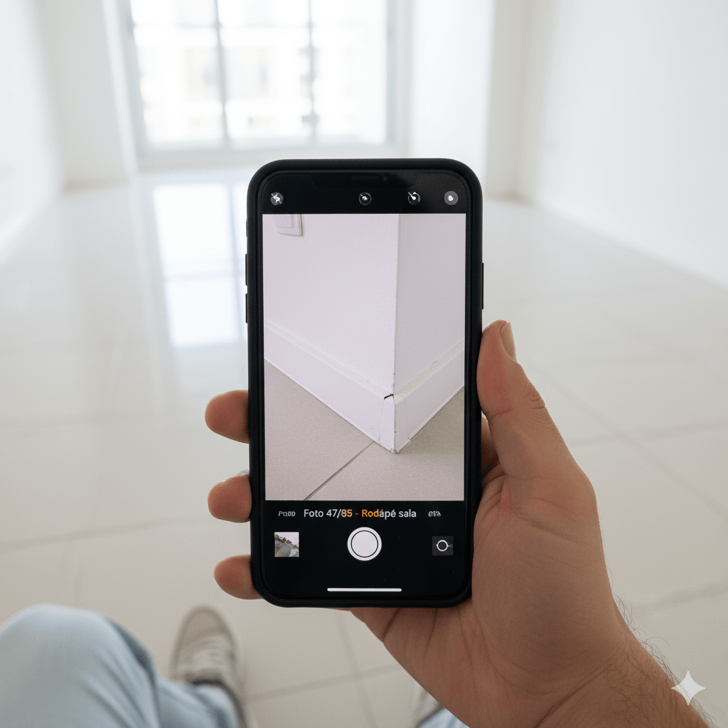 Pessoa realizando a vistoria de imóvel e documentando um detalhe com o celular para o laudo de entrada.