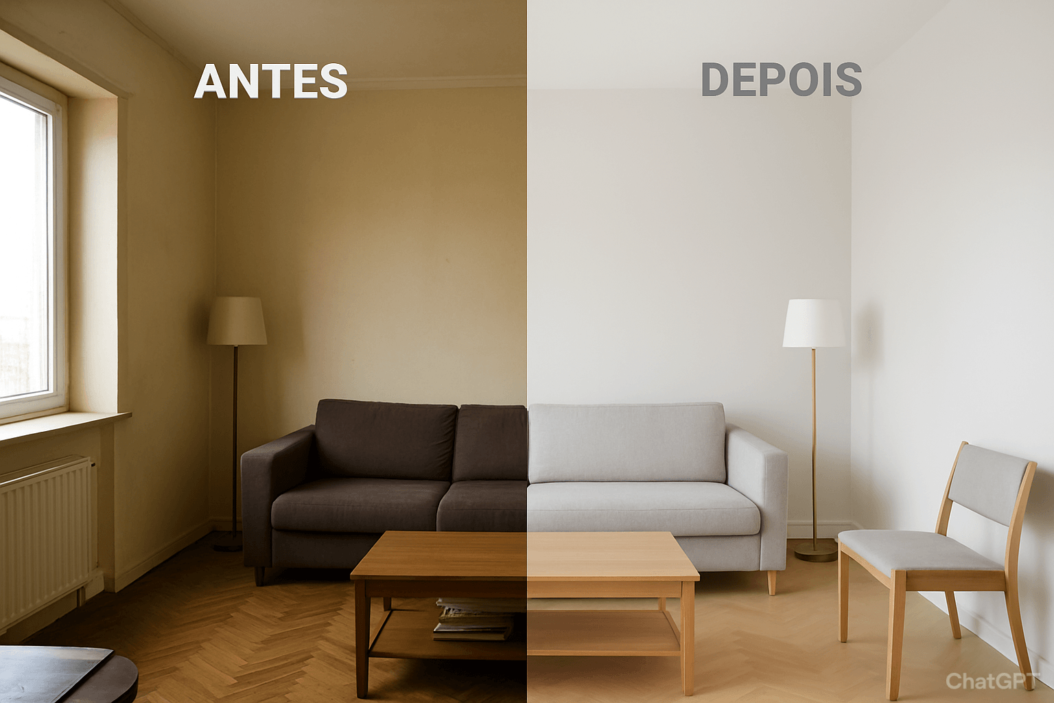 Antes e depois de preparar o imóvel para alugar, mostrando um ambiente limpo, pintado e bem iluminado.