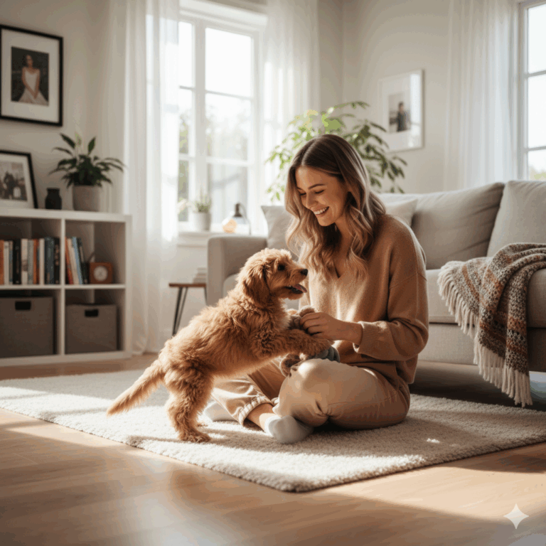 Inquilino feliz com seu pet em casa, exercendo seus direitos sobre ter animais em imóvel alugado.
