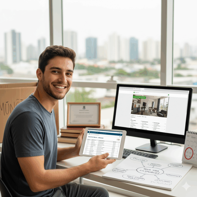 Pessoa que passou no concurso e vai se mudar planejando sua nova vida e seu primeiro aluguel na nova cidade.