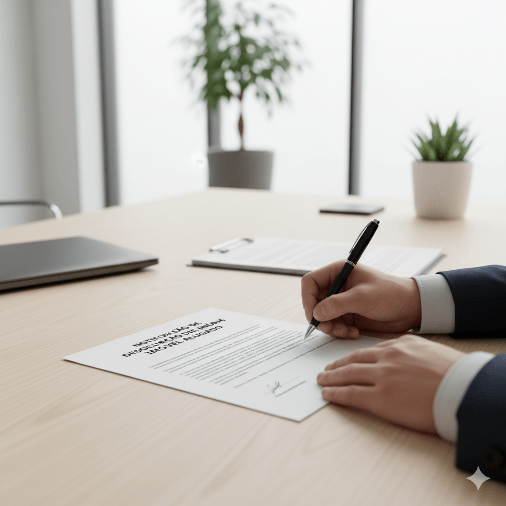 Proprietário assinando uma notificação para desocupação de imóvel alugado, seguindo os procedimentos legais.