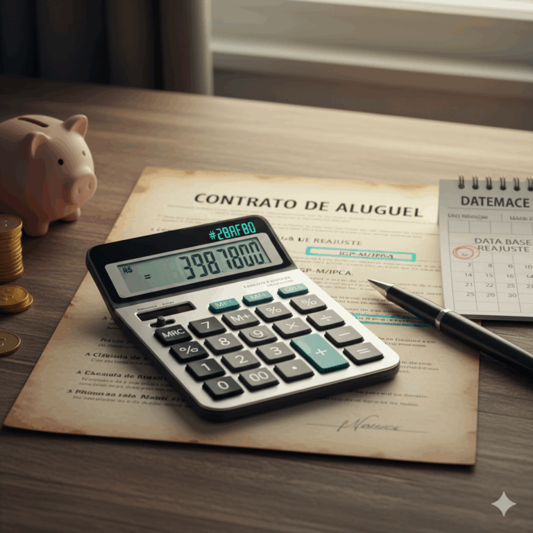 Calculadora e contrato simbolizando o cálculo do reajuste de aluguel.
