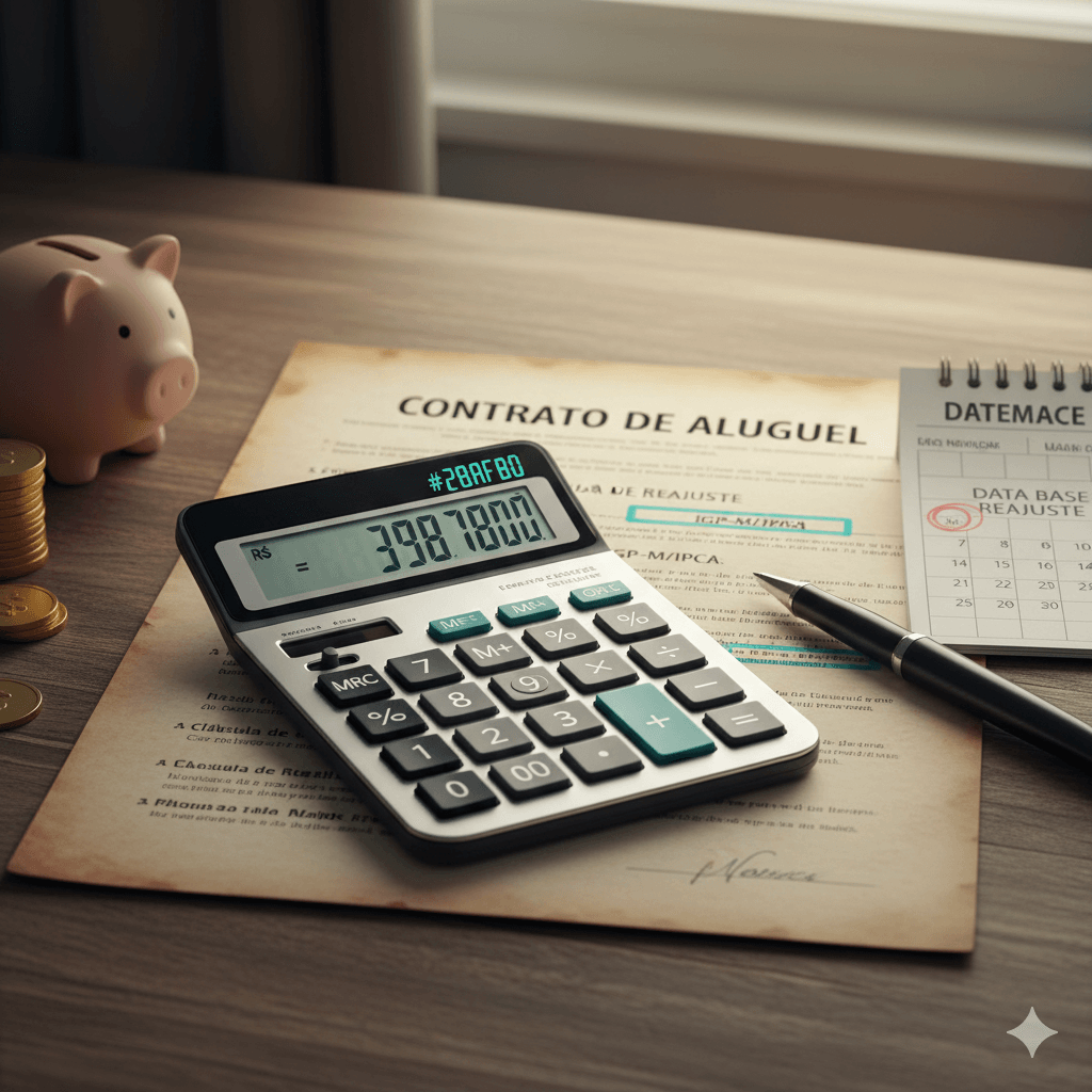 Calculadora e contrato simbolizando o cálculo do reajuste de aluguel.