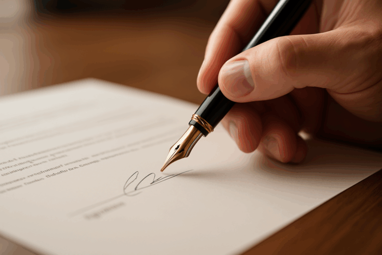 Assinatura de um documento, passo final após a análise cuidadosa das cláusulas do contrato de aluguel.