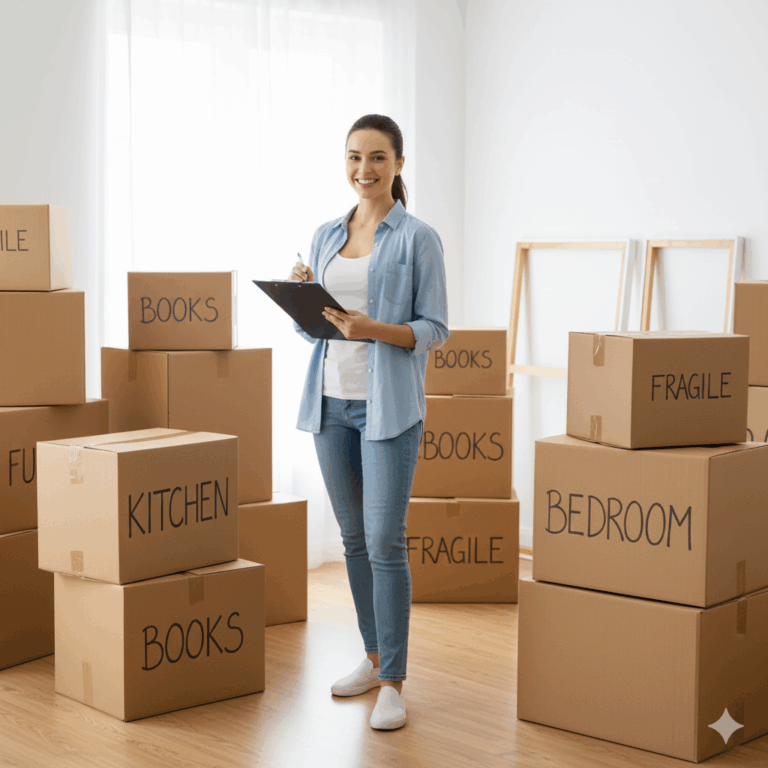 Pessoa organizada usando um checklist de mudança para planejar o empacotamento de caixas para o novo lar.