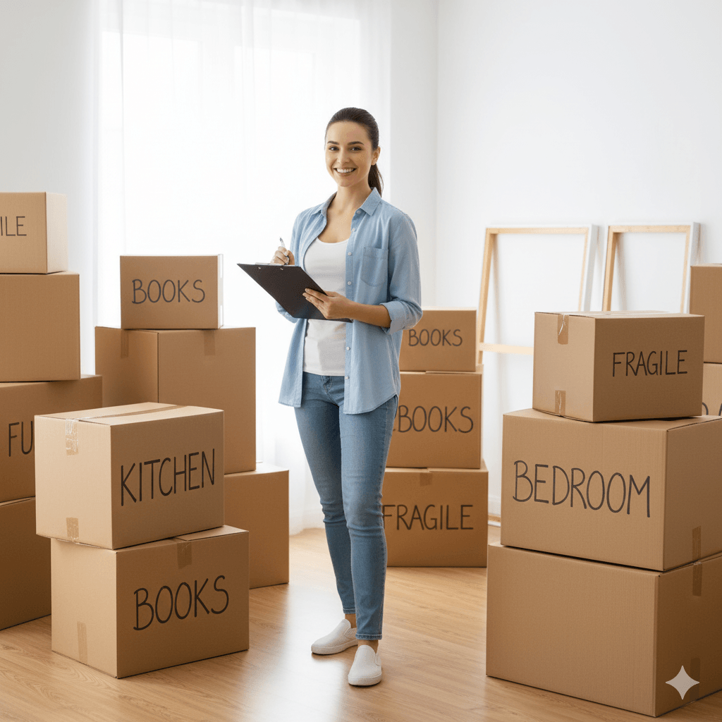 Pessoa organizada usando um checklist de mudança para planejar o empacotamento de caixas para o novo lar.