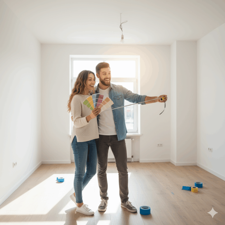 Inquilino de primeira viagem planejando o futuro no novo lar após aprender como alugar um imóvel com segurança.