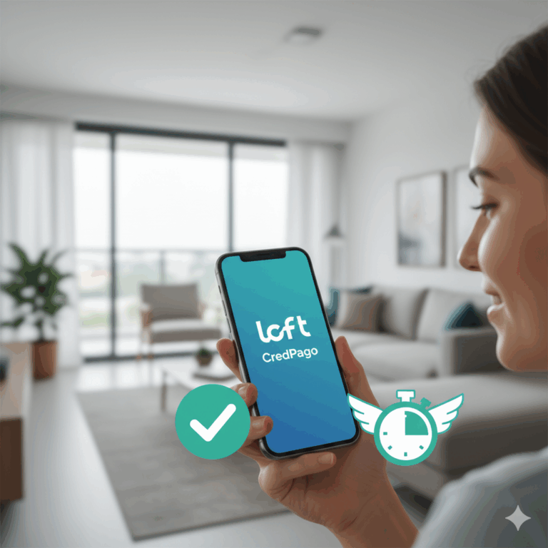 Inquilino usando o celular para contratar o Loft Fiança Aluguel, a garantia digital para alugar imóveis.